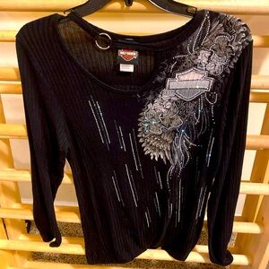 Women's Black Harley Davidson Ribbed Shear Long Sleeve Shirt Wings Bling  Ring